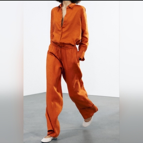 Zara Burnt Orange 100% Linen Palazzo Wide Leg Trousers Size: Small - Picture 1 of 11